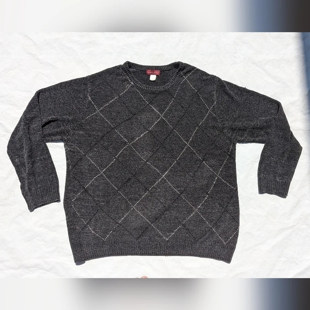 Vintage Hunt Club Argyle Super  Soft Crew Neck Grey Black Sweater Men's XL